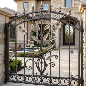 Luxury European Wrought Iron Automatic Swing Courtyard Gate with Artistic Floral and Leaf Design for Villa and Apartment