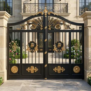 Luxury Modern Style Aluminum Main Gate with Gold Filigree Eco Friendly Durable Automatic Opening for Villa Entrance