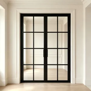 Matte-Finished Square-Top French Swing Door with Black Steel Frame, Grille Glass, and Double Panels