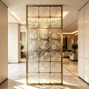 Metal Frame Art Glass Partition with Custom Flower Pattern Carved Glass Room Divider for Hotel Lobby