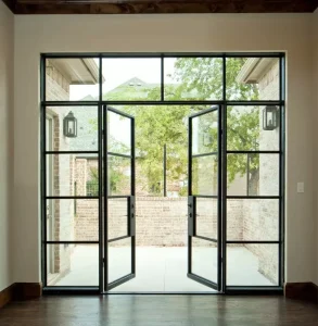 Metal Glass French Swing Exterior Door with Panic Bar and Fixed Panel