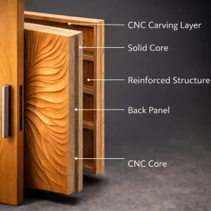 Minimalist Carved Wooden Entry Door with Artistic Wave Texture, Finished Surface and Custom Design for Mall
