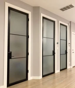 Minimalist Solid Steel Single Glass Swing Door Slim Frame Grill Security for Modern Interiors