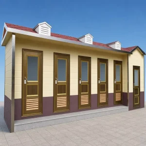Mobile Multi-Stall Toilet Block with Tiled Roof, Frosted Glass Doors, and Ventilation for Public Events
