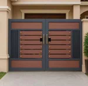 Modern Aluminum Alloy Double Swing Gate Wood Grain Finish Thermal Insulation Electric Side Opening Villa Main Entrance