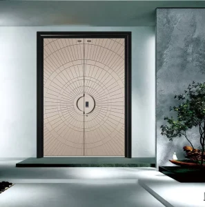 Modern Aluminum Pivot Entry Door Japanese Zen Concentric Circle Grid Pattern Windproof Water Resistant Double Entry Door