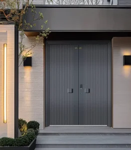 Modern Aluminum Pivot Entry Door Minimalist Nordic Charcoal Ribbed Vertical Panels Double Entry Door Custom Design