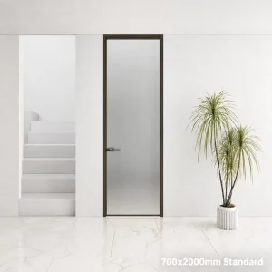 Modern Aluminum Slim Frame Bathroom Door with Silent Magnetic Lock 700x2000mm Frosted Tempered Glass Swing Door