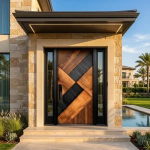Modern American Style Aluminum Front Door Smart Lock Diagonal Geometric Wood Grain Villa Entrance Anti Theft Glass Sidelites