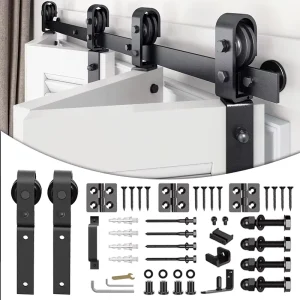 Modern American Style Carbon Steel Folding Sliding Barn Door Hardware Set with Guide Screws, Soundproof Outdoor