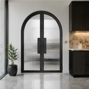 Modern Arched Steel Glass Tempered Glass Iron Frame Entry Door for Residential Villa