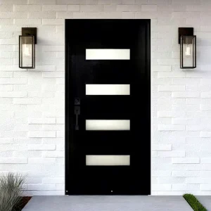 Modern Black Aluminum Entry Door with Frosted Glass Panels for Residential Exterior