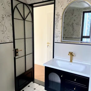 Modern Black Arched Frame Bathroom Door with Wave-Shaped Double-Glazed Frosted Glass