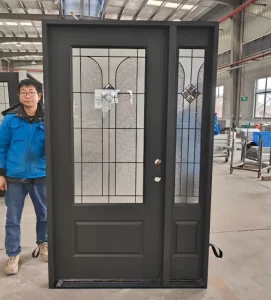 Modern Black Fiberglass Front Door with Frosted Glass for Villa