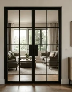Modern Black Iron Steel Frame Tempered Glass Pivot Door for Villa Entrance