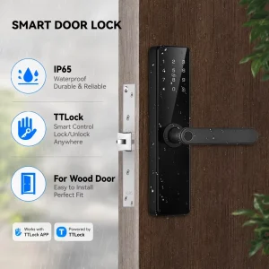 Modern Black WiFi Smart Door Lock with Fingerprint, PIN Code, RFID Card, Mechanical Key and IP65 Waterproofing