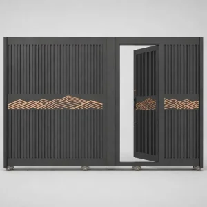 Modern Custom Aluminium Sliding Gate with Built-in Door and Golden Mountain Inlay Design