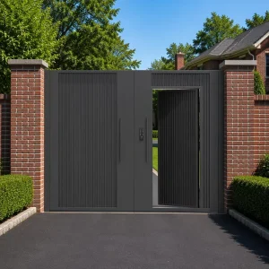 Modern Double Driveway Gate with Wicket Door Gray Aluminum Alloy Vertical Groove Smart Lock Exterior Gate for Villa