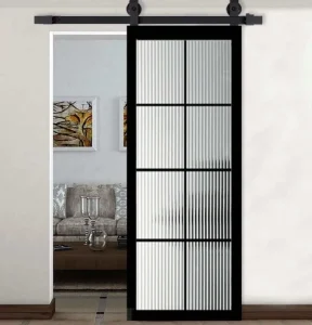 Modern Double Glass Interior Frosted Fluted Glass Barn Door with Grids