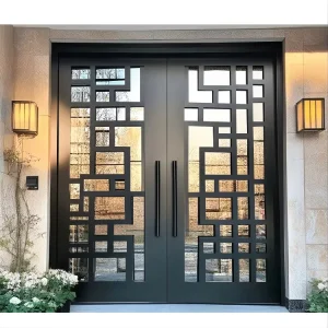 Modern Double Wrought Iron Anti-Theft Security Front Door with Tempered Glass