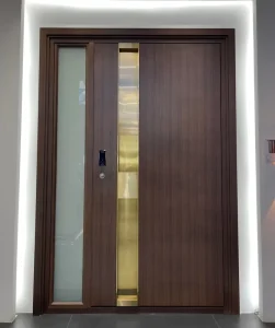 Modern Entry Door with Metal Accent and Frosted Glass for Residential Use