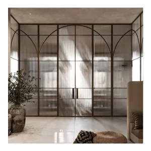 Modern European Tempered Glass French Door with Custom Iron Grille