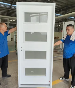 Modern Fiberglass Prehung Entry Door Four Horizontal Frosted Glass Exterior Front Door for Residential Villa