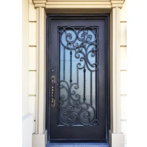 Modern Fingerprint Lock Single Leaf Decorative Glass Wrought Iron Front Entry Door
