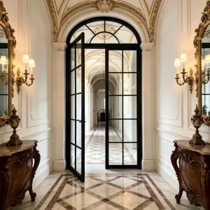 Modern French-Style Black Steel Grill Glass Swing Partition Door with Multi-Panel Transparent Glass