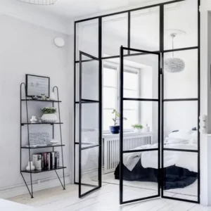 Modern French-Style Glass Doors with Fiberglass Screen, Custom Black Steel Frame, and Sound Insulation