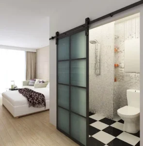 Modern Frosted Glass Interior Sliding Door with Aluminum Frame and Soft Close System for Bathroom Home Office Privacy Use