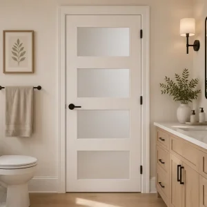 Modern Indoor Wooden French Door with 4-Lite Frosted Glass for Bathroom