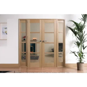 Modern Light Oak Wooden Double Door with Glass Panels & Sidelights for Interior Room Dividers