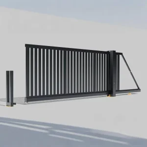 Modern Matte Black Aluminum Alloy Suspended Trackless Automatic Sliding Gate with Horizontal and Vertical Grille Panel
