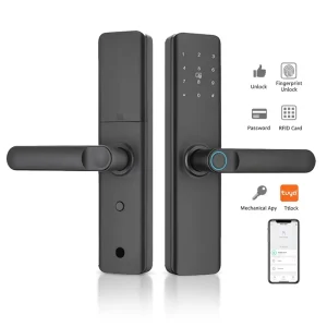Modern Matte Black Smart Lock with Fingerprint, Wi-Fi, Bluetooth, App, and Keyless Entry for Front Doors