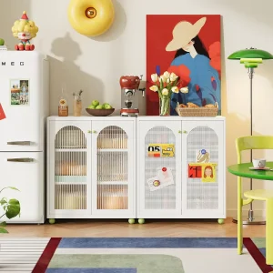 Modern Metal Side Cabinet with Two Doors Mesh Door for Dining and Kitchen Corridor Entrance