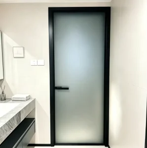 Modern Minimalist Frosted Glass Interior Aluminum Alloy Swing Door with Matte Black Frame and Horizontal Lever Handle