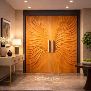 Modern Minimalist Sculpted Wood Front Door CNC Artistic Pattern Custom Side Opening Finished Entrance Door for Mall