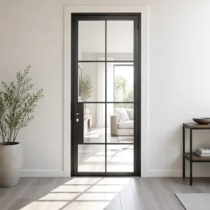 Modern Minimalist Steel-Framed Tempered Glass Interior French Door, Black Frame, for Villa, Apartment, or Hotel