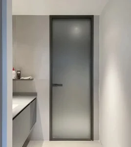 Modern Single Swing Casement Aluminum Alloy Frosted Glass Bathroom Toilet Door Push Inward Opening For Living Room