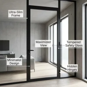 Modern Slim Frame Aluminum Casement Door Minimalist Black Design Large View Tempered Glass Swing Door for Balcony Apartment