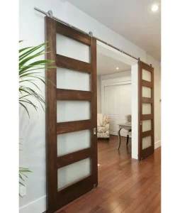 Modern Solid Wood Barn Door with Frosted Glass Sliding Design for Villa, Laundry, or Bathroom