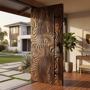 Modern Solid Wood Pivot Front Door with 3D Carved Wave Pattern Black Walnut Security Door
