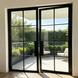Modern Steel Frame Black Tempered Glass Grids Interior Glass Door for Living Room and Office Decoration