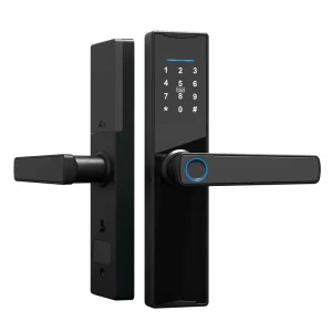 Modern Tuya Smart Door Lock with Black Aluminum Alloy, Fingerprint, WiFi, Digital Plate and Lever Handle