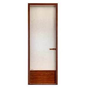 Modern Walnut Wood Interior Door with Frosted Hammered-Texture Glass and Wooden Handle, Bedroom