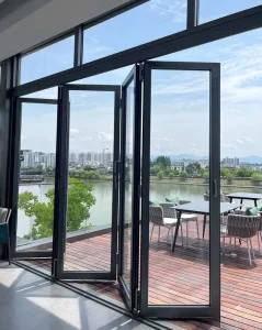 Modern Waterproof Aluminum Alloy Glass Bi Fold Entry Door Finished Surface Accordion Balcony Patio Folding Design Exterior Villa