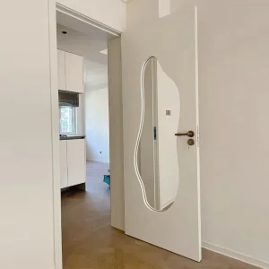 Modern White Enamel Finished MDF Interior Door With Glass Panel For Bathroom