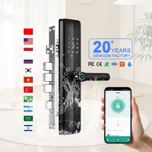 Modern Wooden Entry Door with Keyless Touchscreen Electronic Smart Lock, Auto Lock, and Low-Battery Reminder