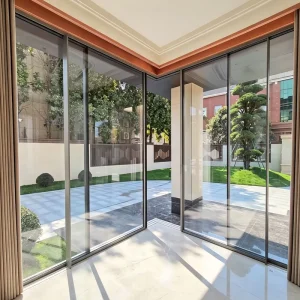 Motorized Thermal Break Aluminum Panoramic Sliding Door 90-Degree Pillar-Free Corner Glass Door 270° View Exterior Door